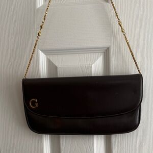 Elegant Brown Leather Clutch with Gold Chain